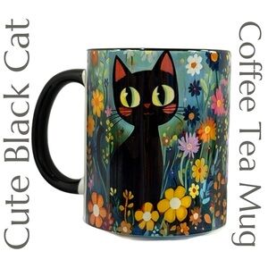 Cute Black Cat Floral Mug - Whimsical Garden Ceramic Cup - DiyTree - Fantasy Art